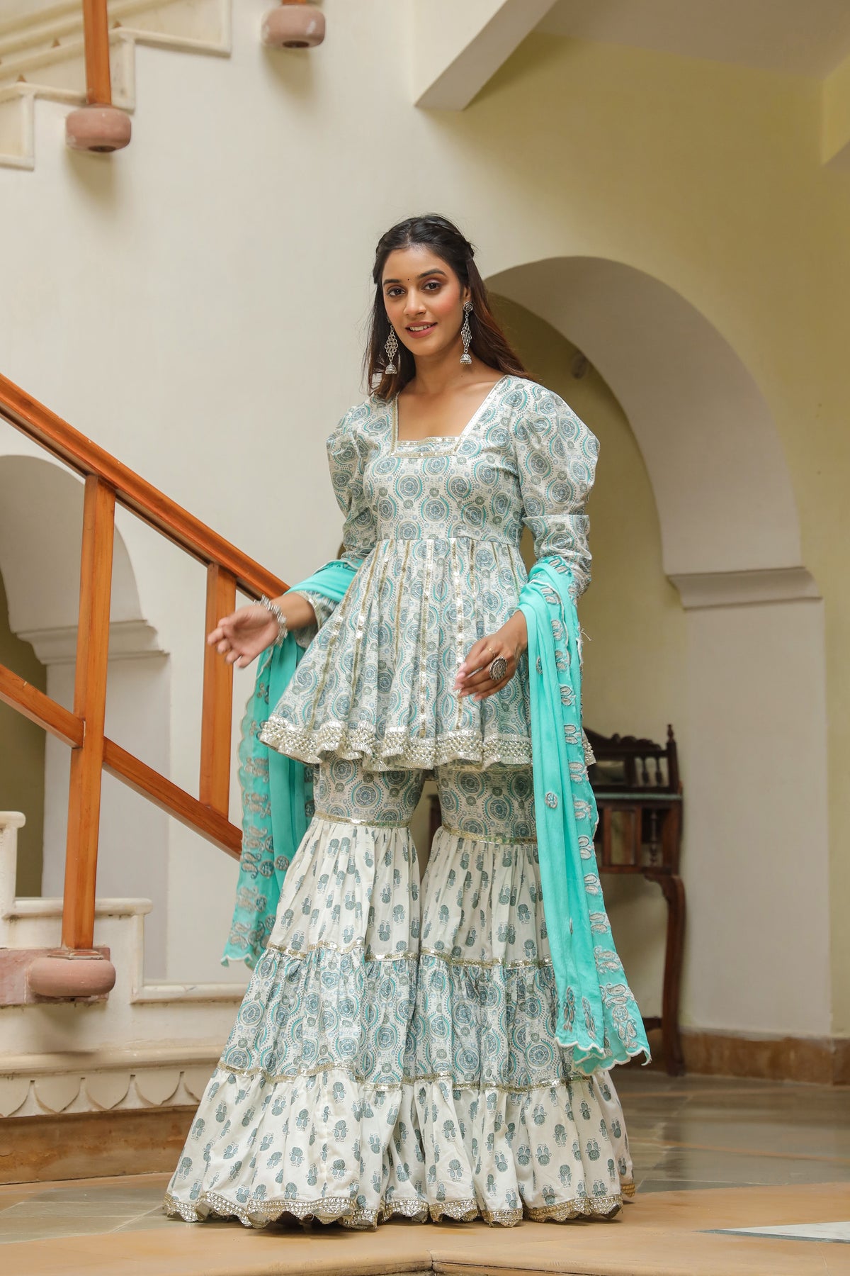 Fountain  Blue Cotton Printed Sharara Set