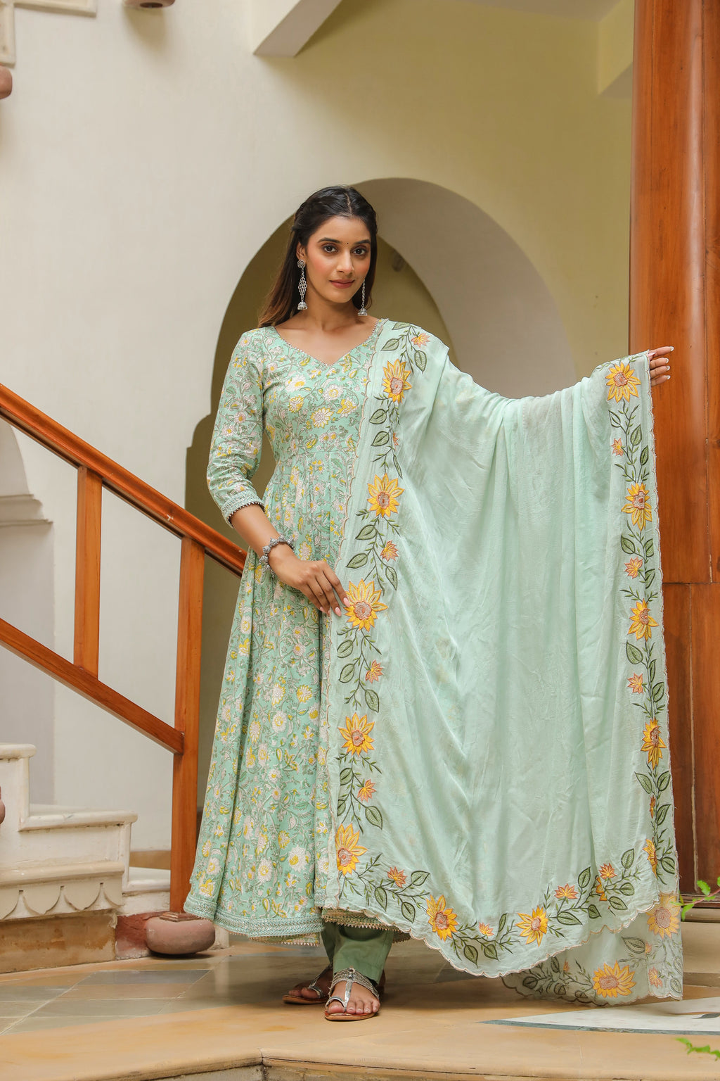 Edgewater Green Cotton Anarkali Suit Set
