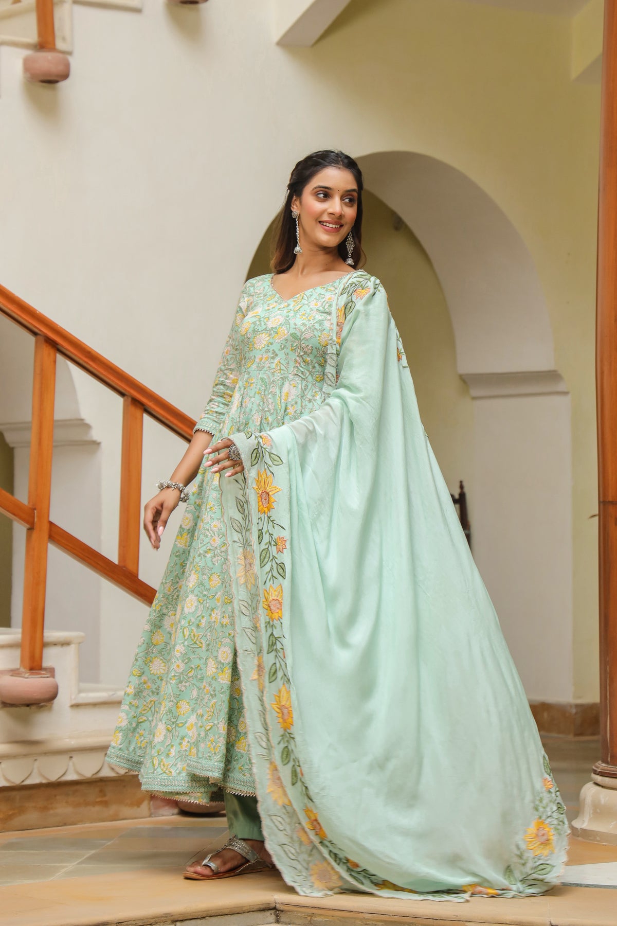 Edgewater Green Cotton Anarkali Suit Set