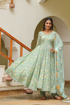 Edgewater Green Cotton Anarkali Suit Set