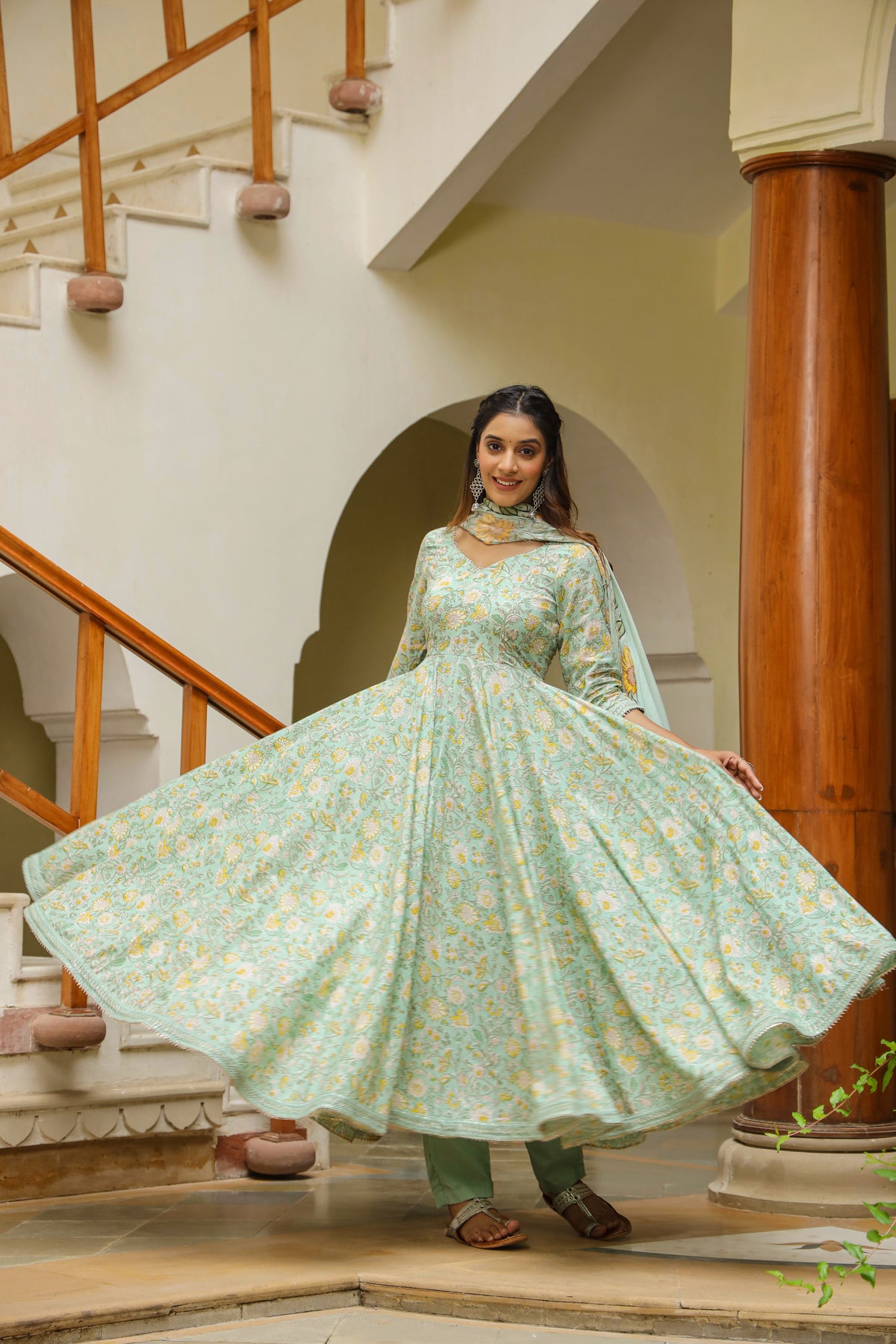Edgewater Green Cotton Anarkali Suit Set
