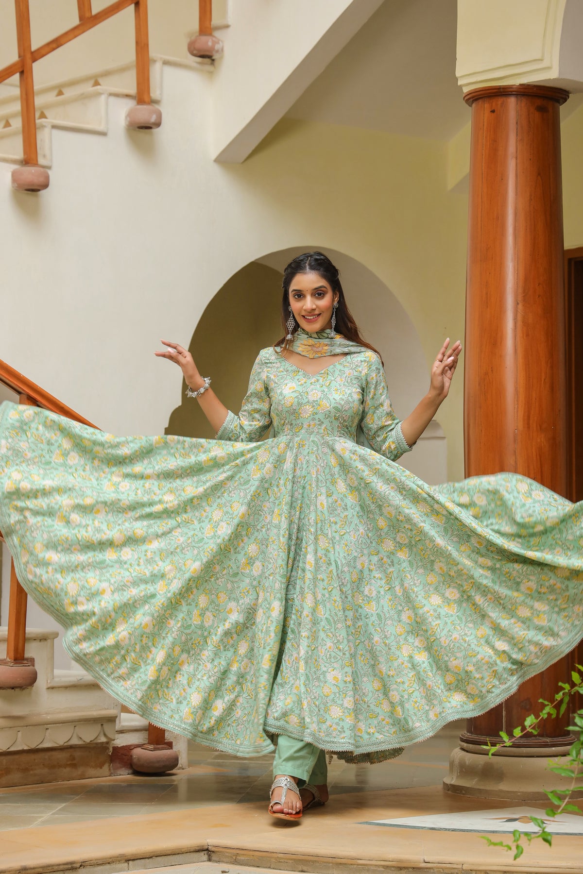 Edgewater Green Cotton Anarkali Suit Set