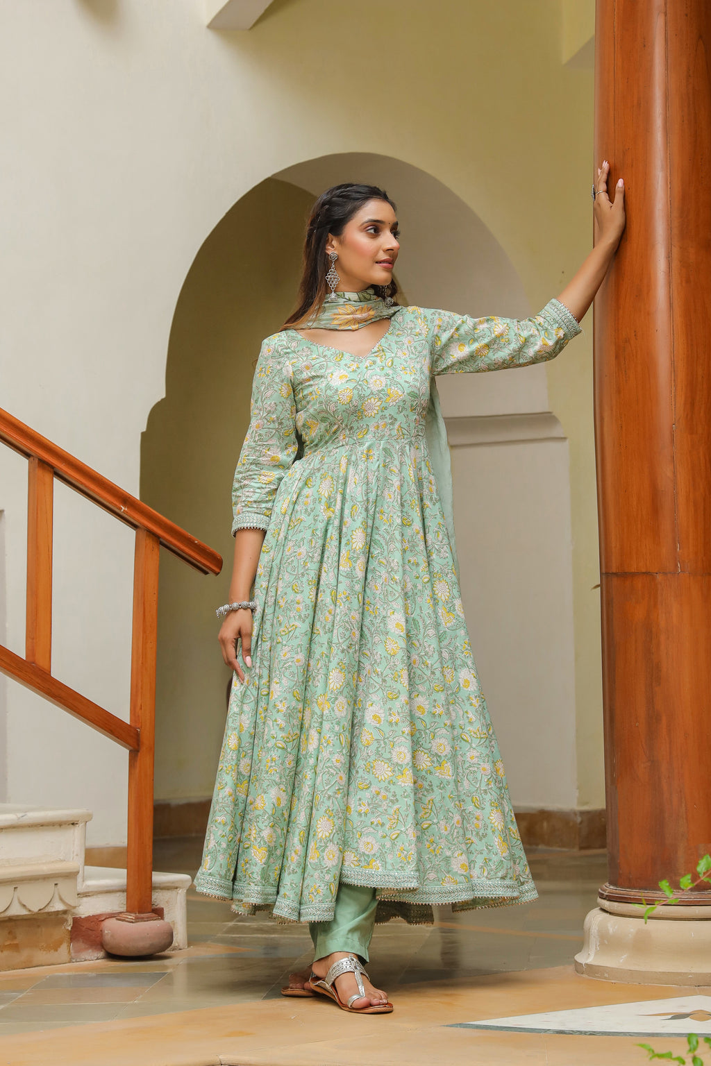 Edgewater Green Cotton Anarkali Suit Set