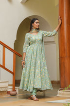 Edgewater Green Cotton Anarkali Suit Set
