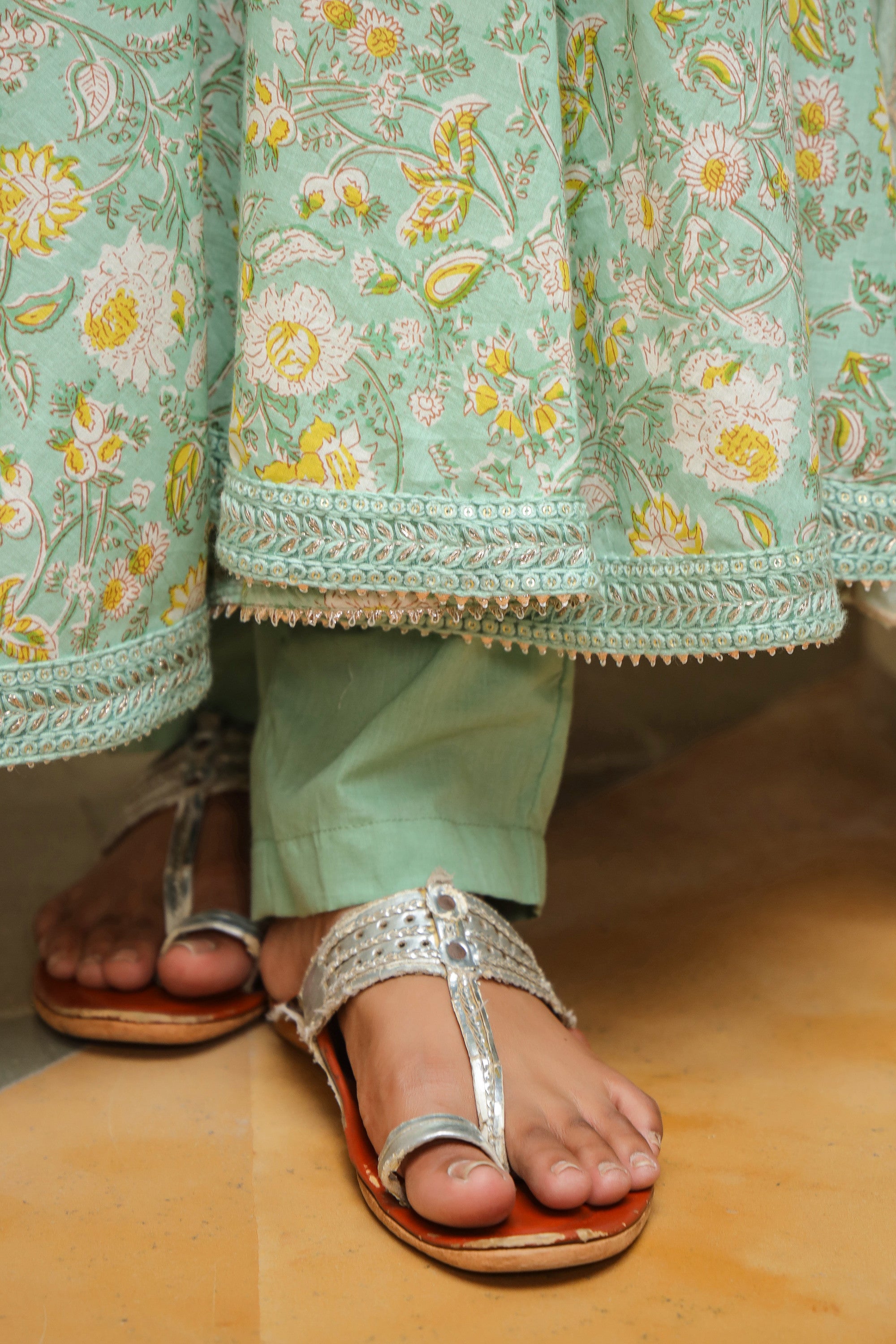 Edgewater Green Cotton Anarkali Suit Set