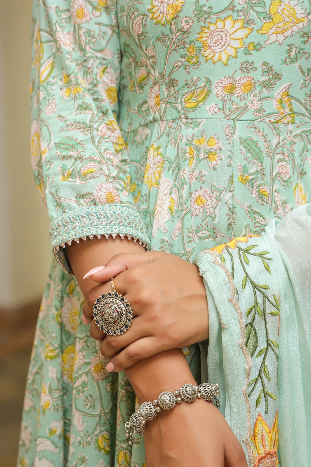 Edgewater Green Cotton Anarkali Suit Set