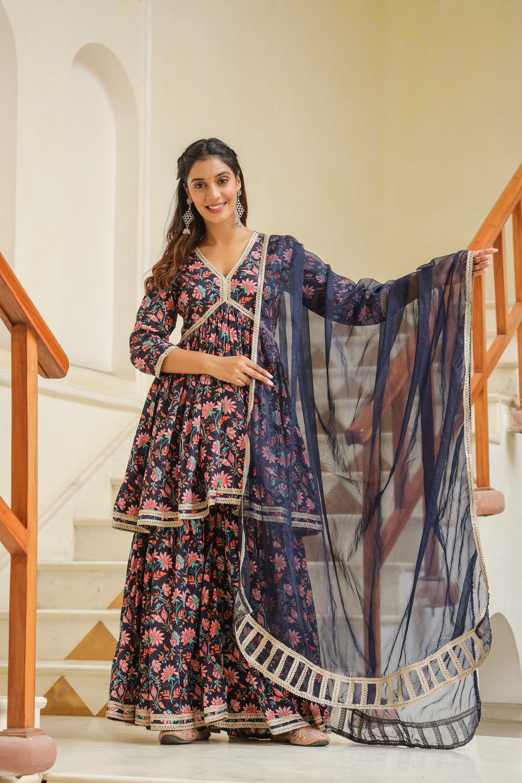 Tuna Blue Cotton Sharara Set