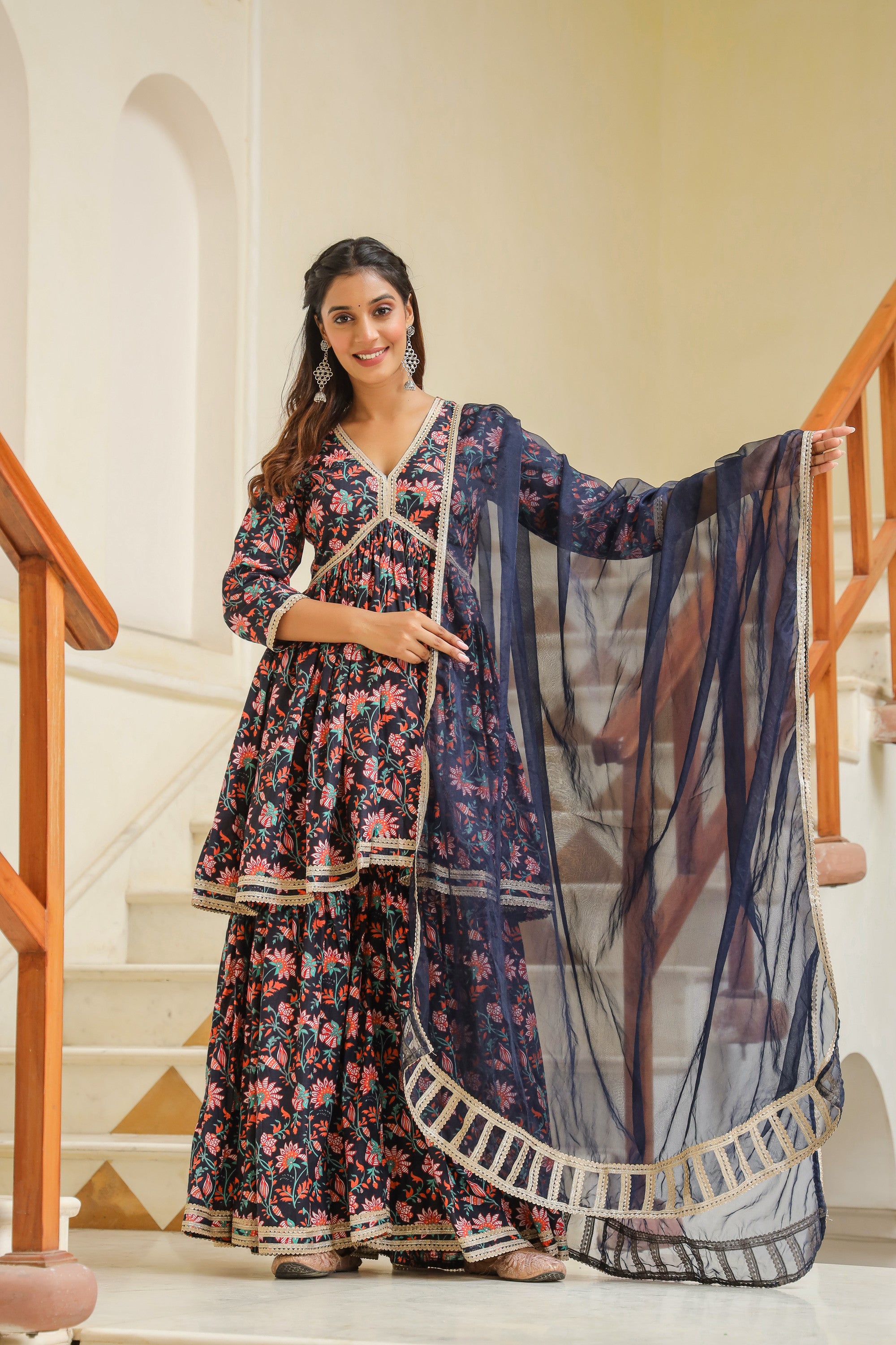 Tuna Blue Cotton Sharara Set