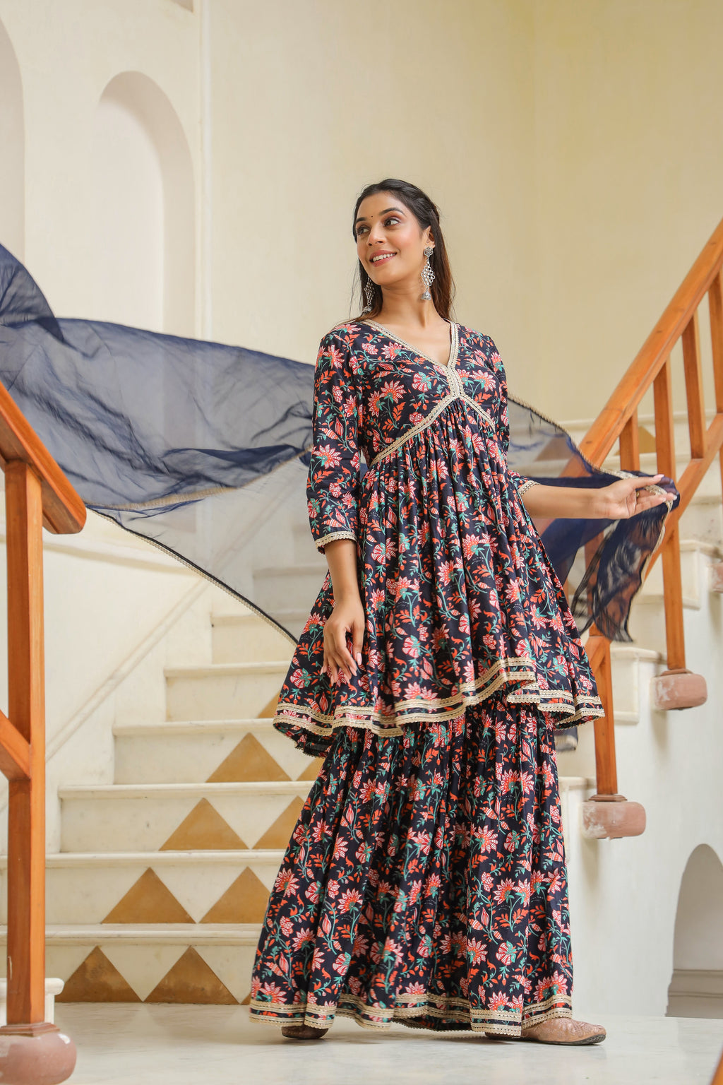 Tuna Blue Cotton Sharara Set