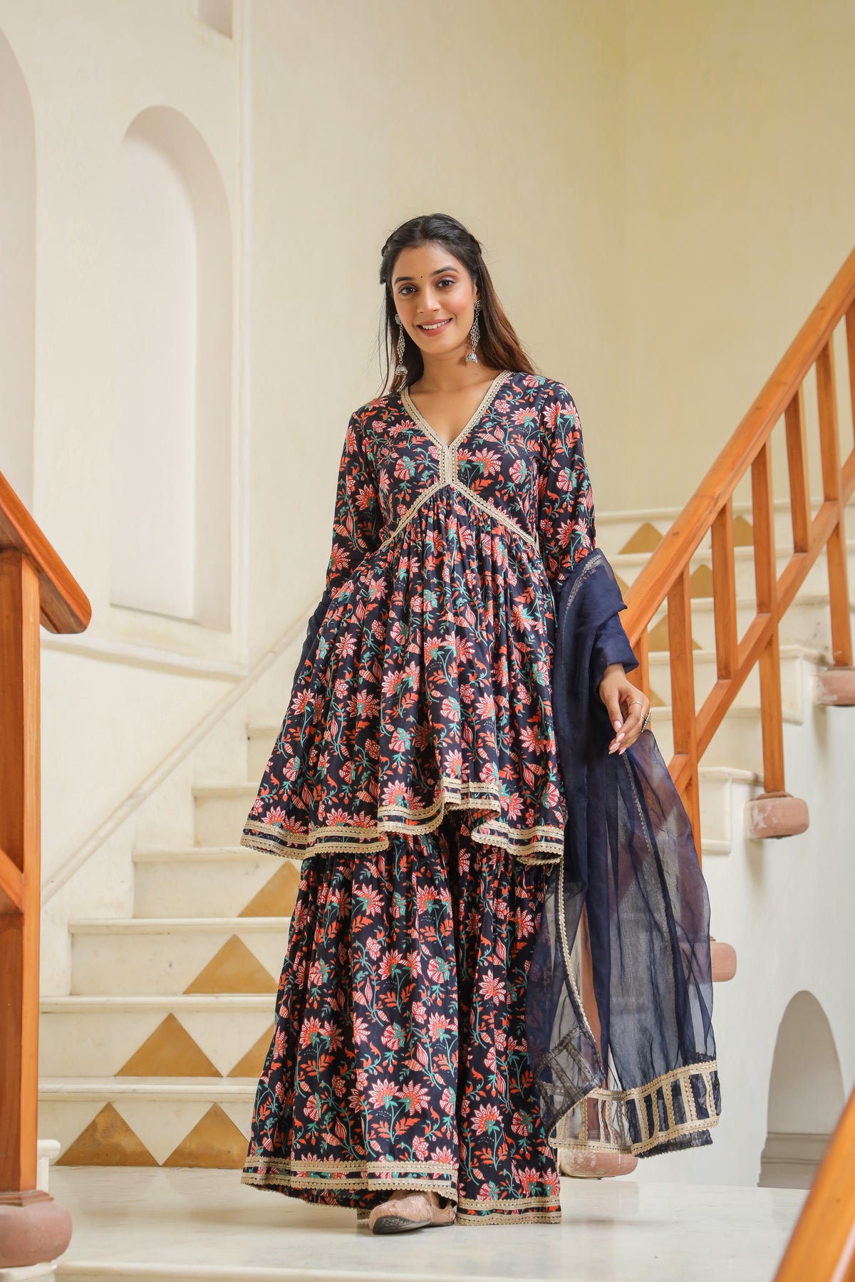 Tuna Blue Cotton Sharara Set