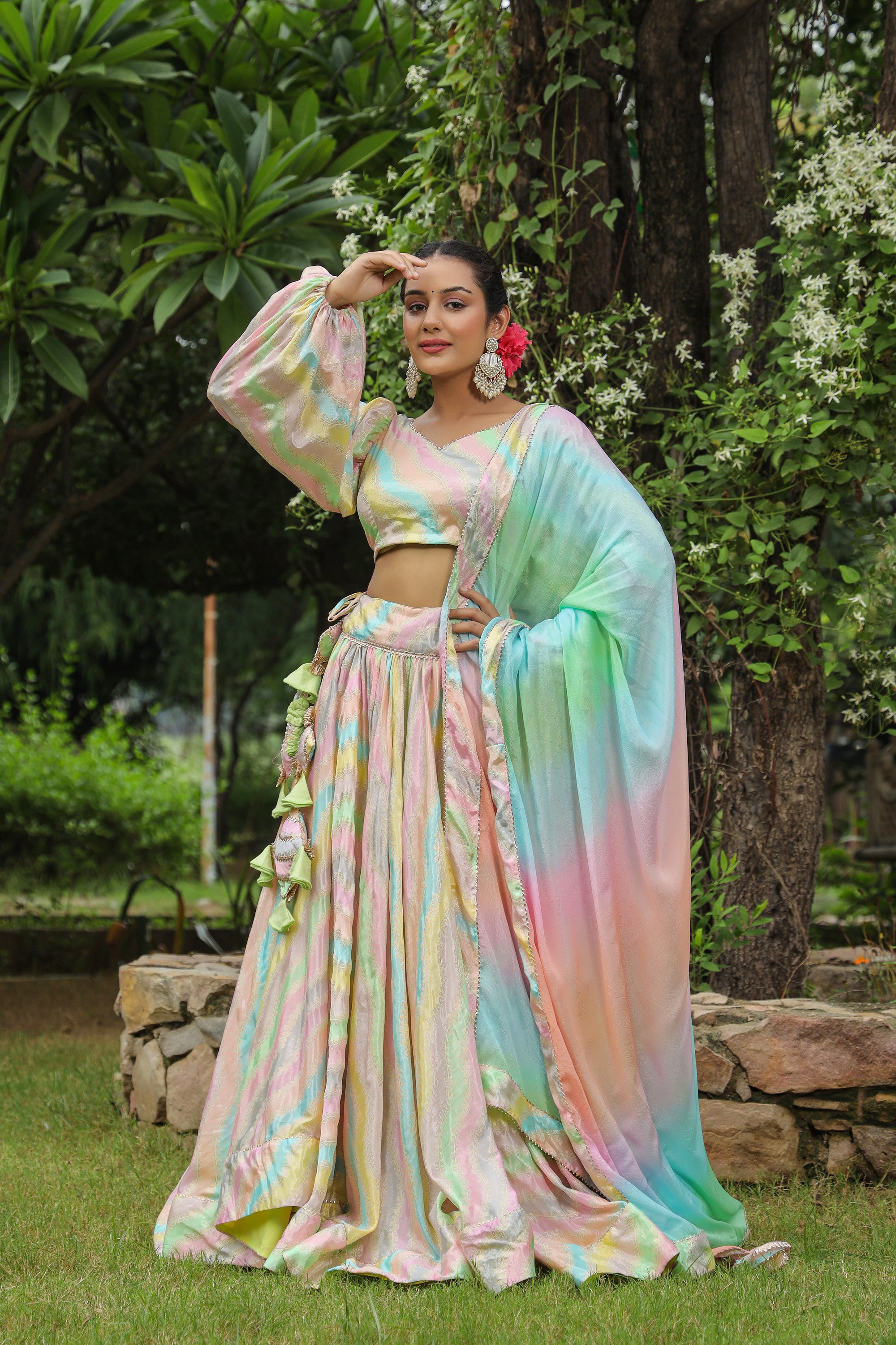Multi Color Chinon Lehenga Set