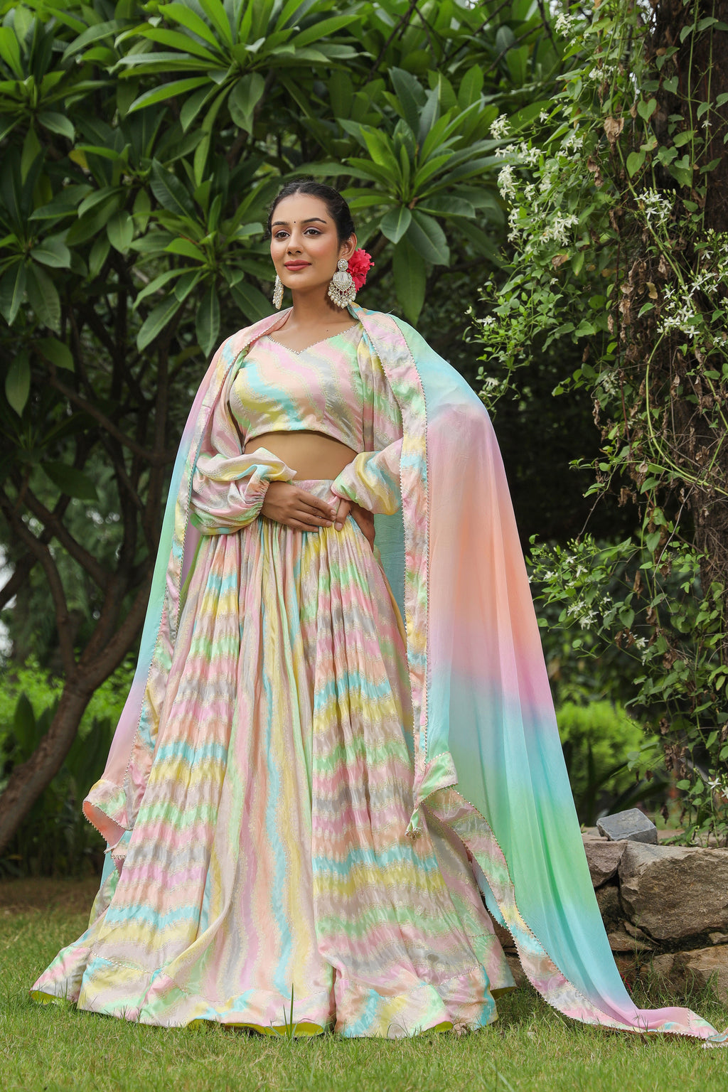Multi Color Chinon Lehenga Set