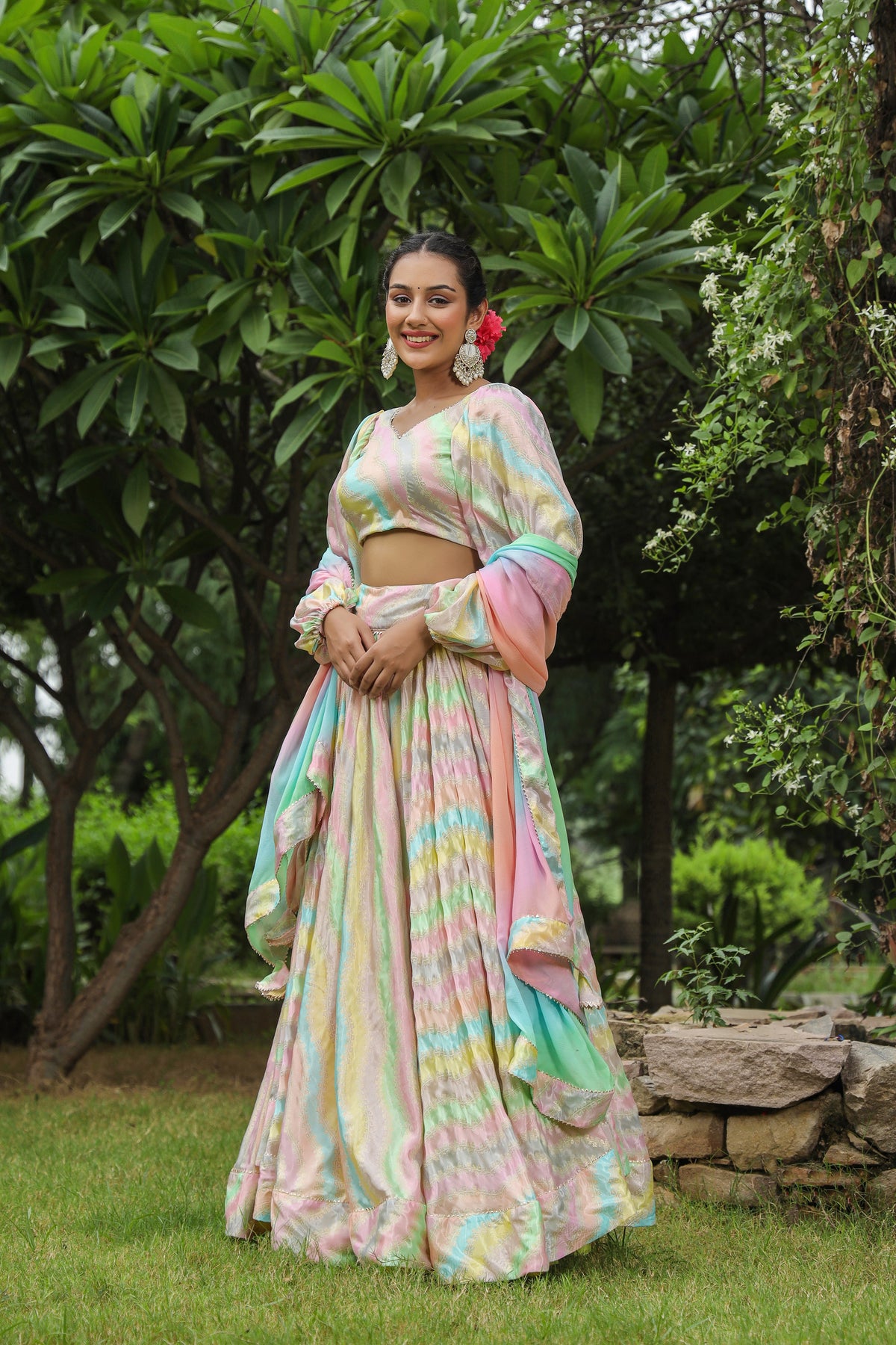Multi Color Chinon Lehenga Set