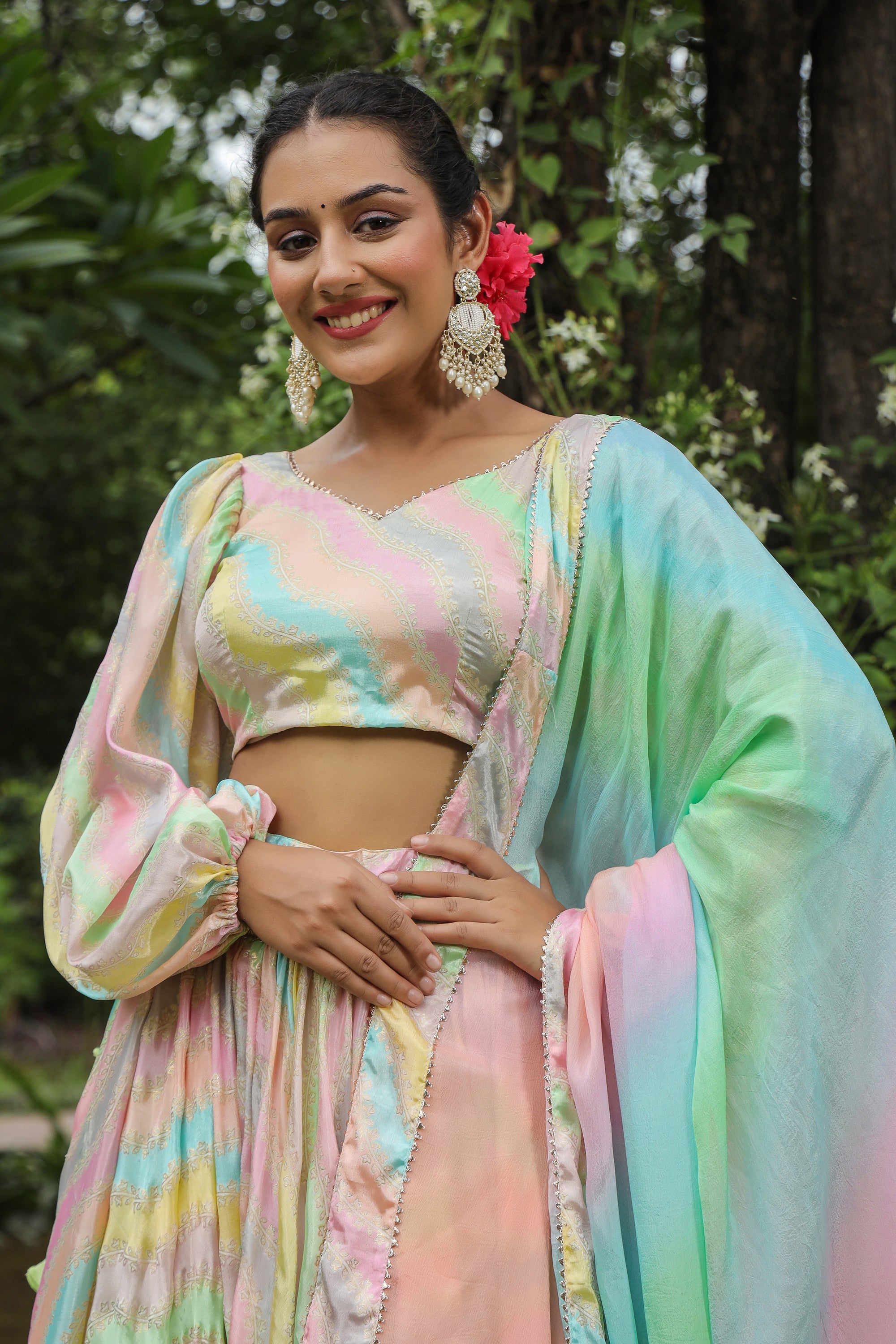 Multi Color Chinon Lehenga Set
