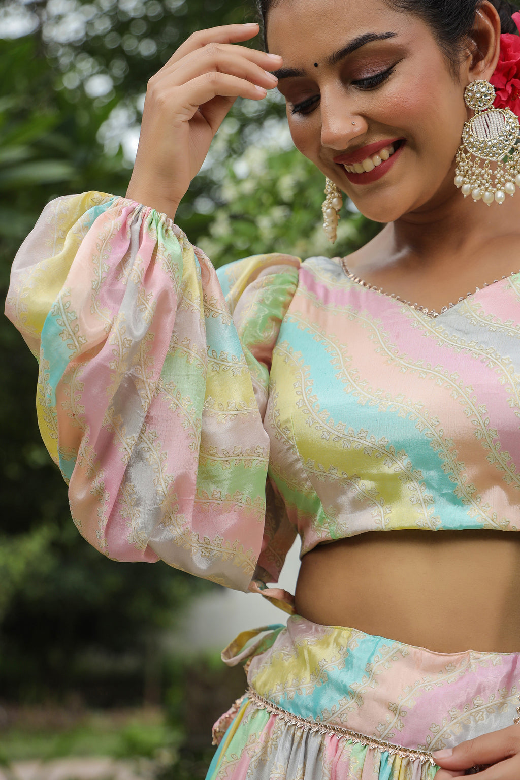 Multi Color Chinon Lehenga Set