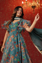 Teal Green Organza Anarkali Suit Set With Ruffle Sleeve Set Of 3