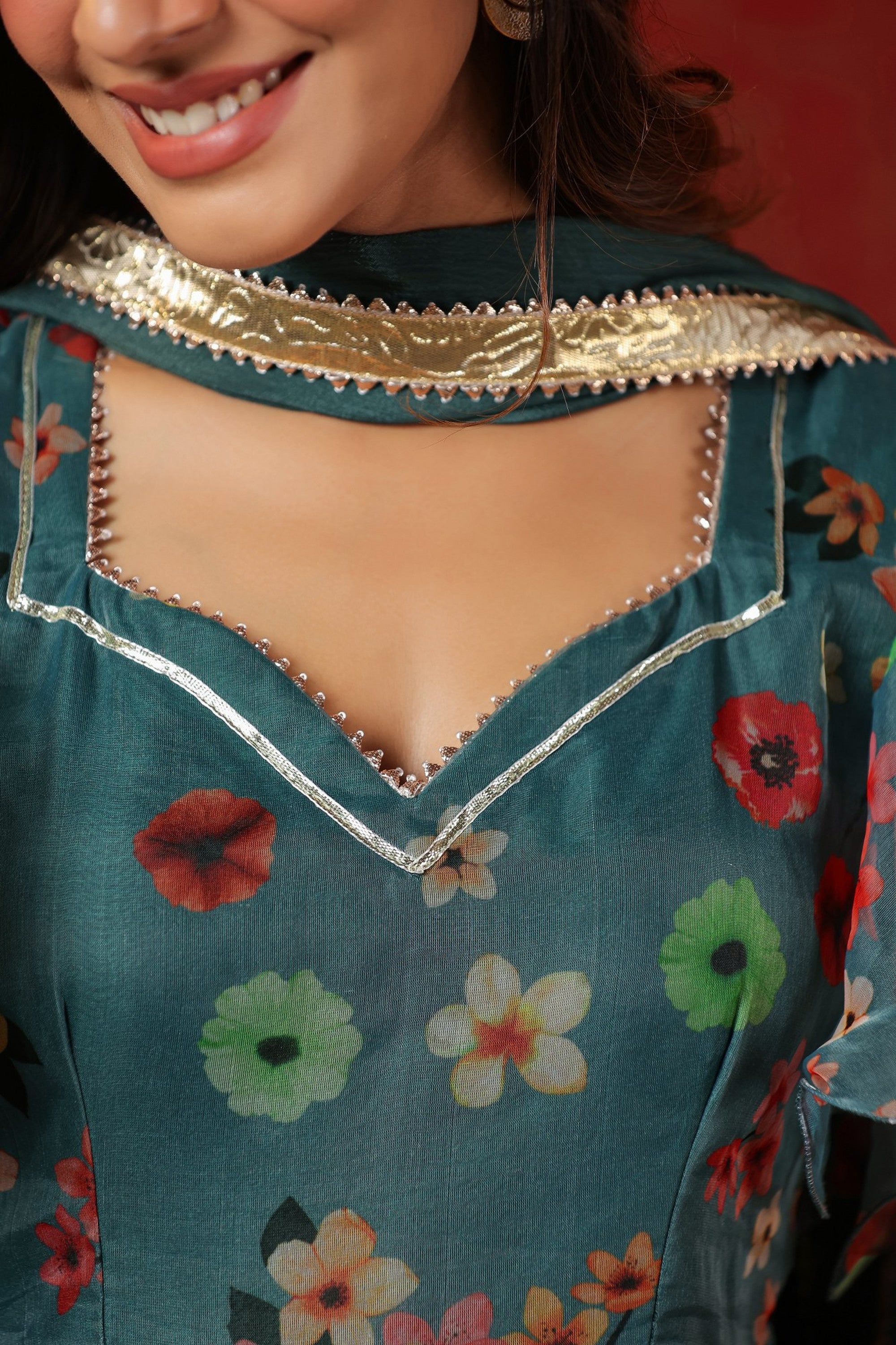 Teal Green Organza Anarkali Suit Set With Ruffle Sleeve Set Of 3