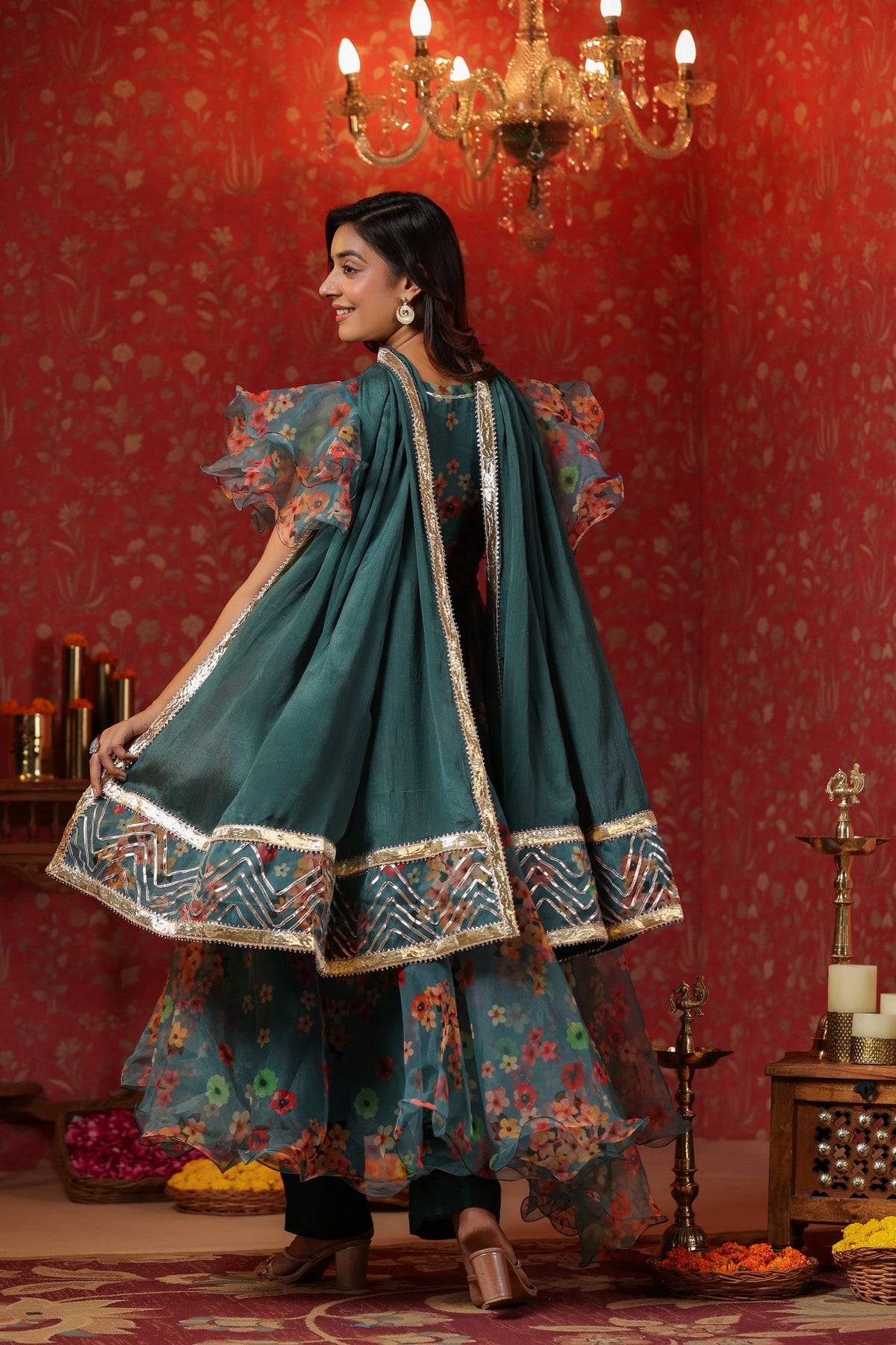 Teal Green Organza Anarkali Suit Set With Ruffle Sleeve Set Of 3