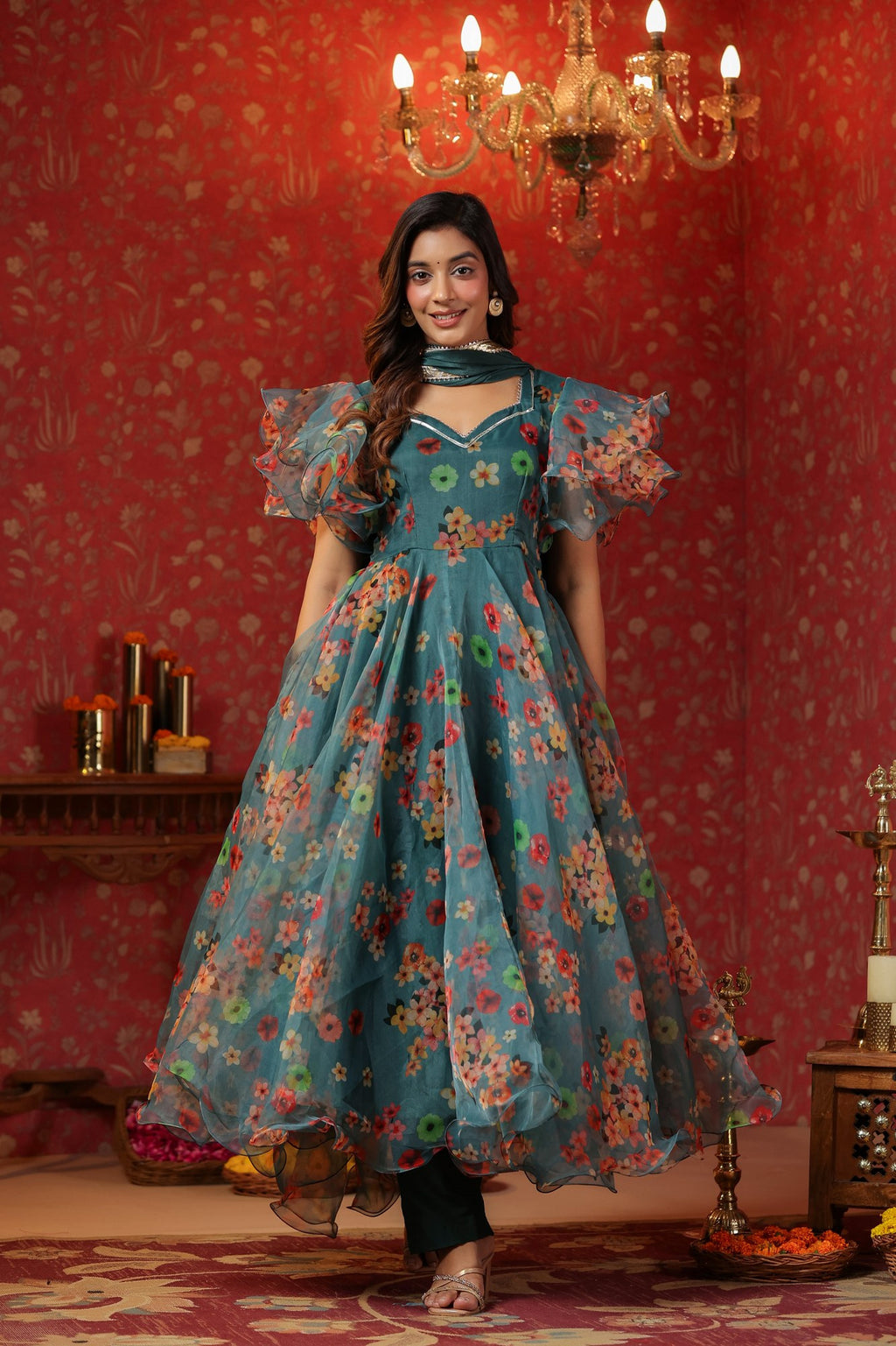Teal Green Organza Anarkali Suit Set With Ruffle Sleeve Set Of 3