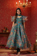 Teal Green Organza Anarkali Suit Set With Ruffle Sleeve Set Of 3