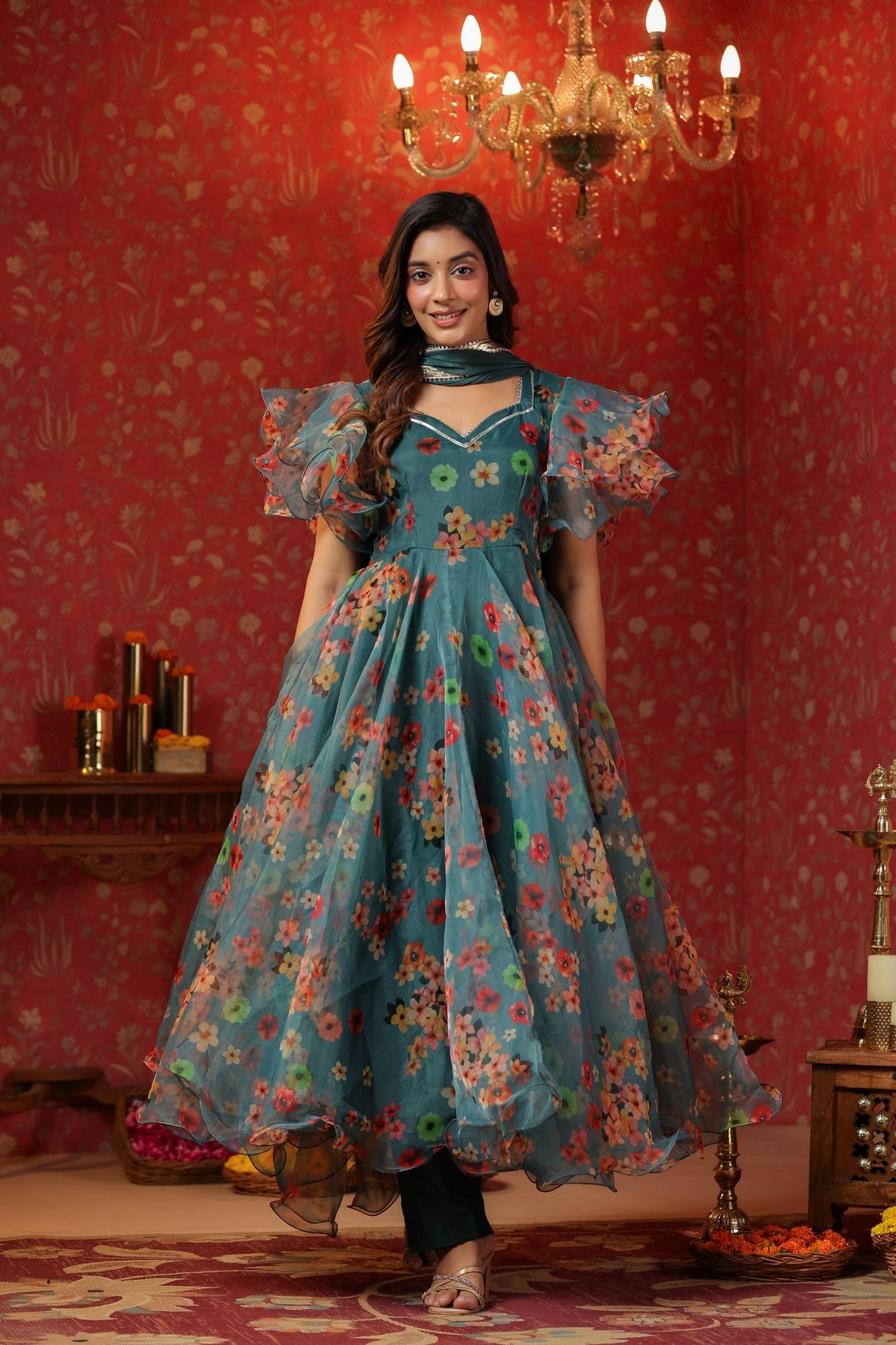 Teal Green Organza Anarkali Suit Set With Ruffle Sleeve Set Of 3