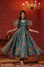 Teal Green Organza Anarkali Suit Set With Ruffle Sleeve Set Of 3