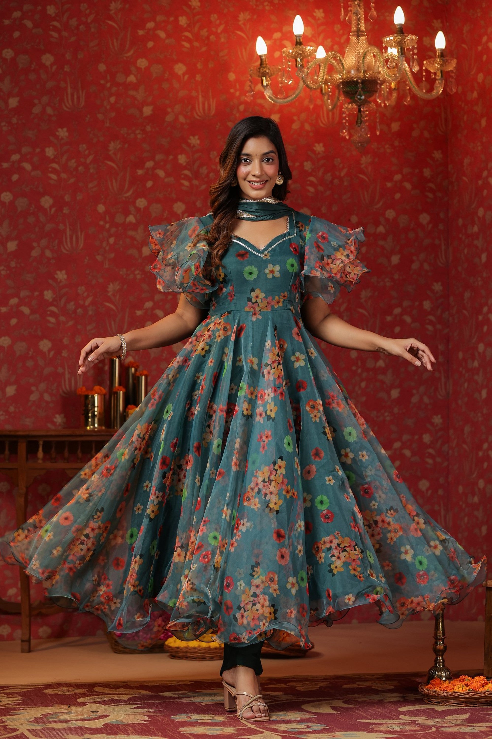Teal Green Organza Anarkali Suit Set With Ruffle Sleeve Set Of 3