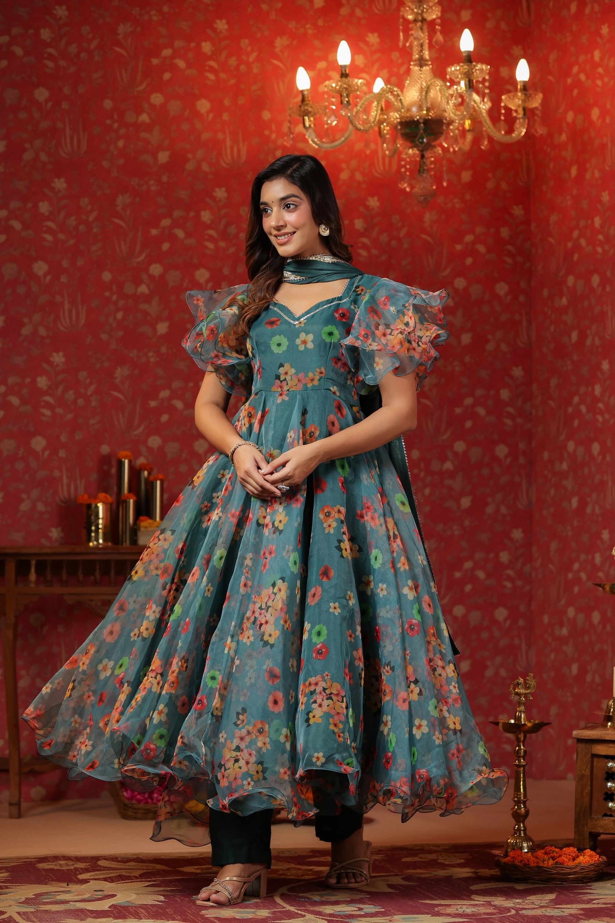 Teal Green Organza Anarkali Suit Set With Ruffle Sleeve Set Of 3