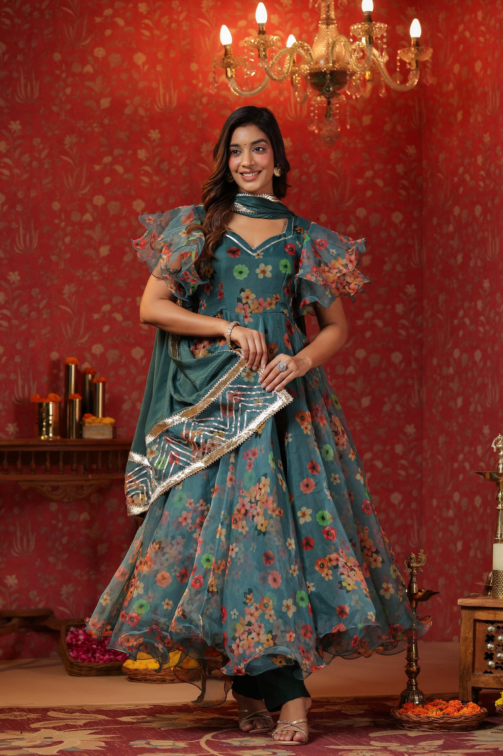 Teal Green Organza Anarkali Suit Set With Ruffle Sleeve Set Of 3