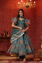 Teal Green Organza Anarkali Suit Set With Ruffle Sleeve Set Of 3