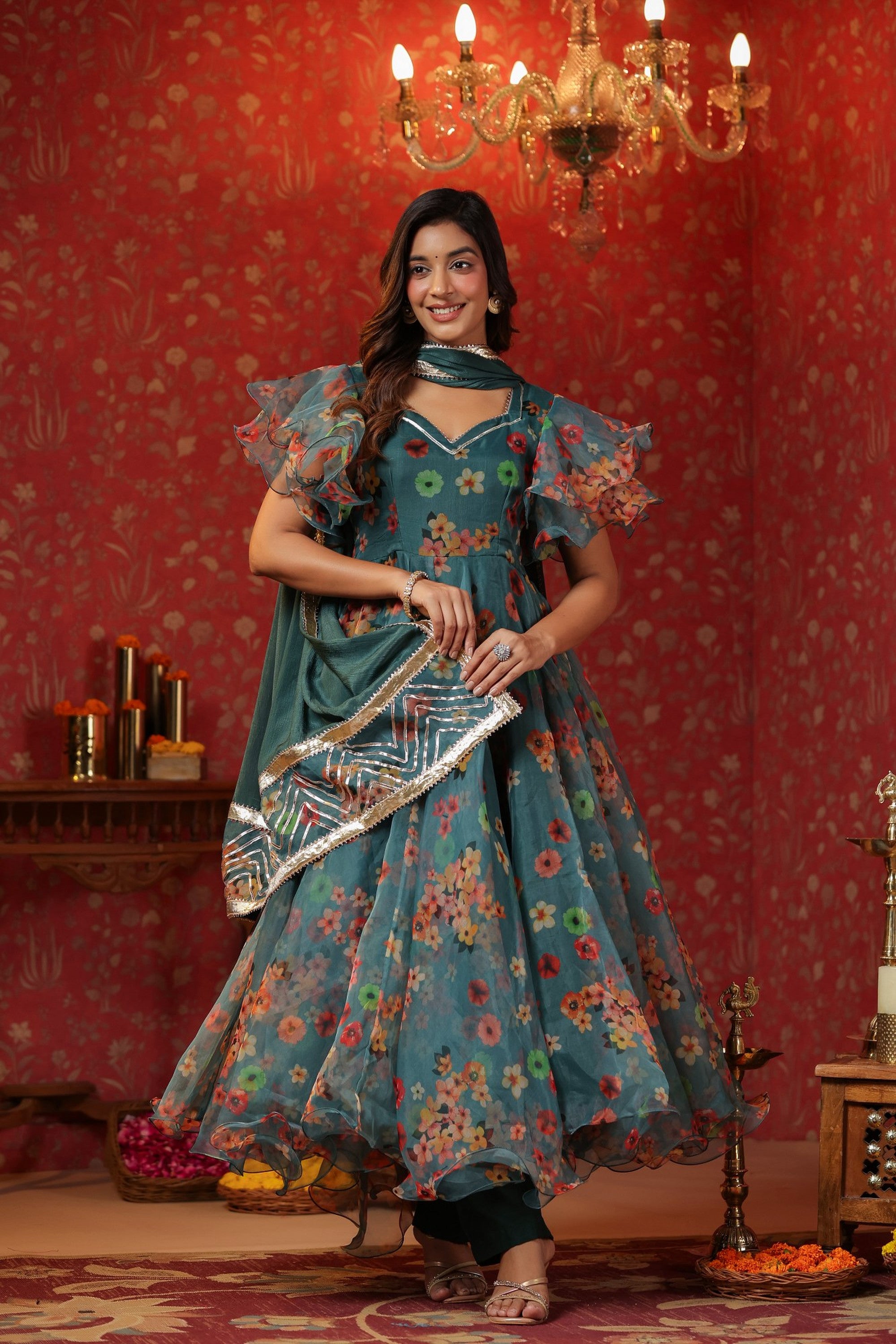 Teal Green Organza Anarkali Suit Set With Ruffle Sleeve Set Of 3