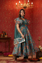 Teal Green Organza Anarkali Suit Set With Ruffle Sleeve Set Of 3