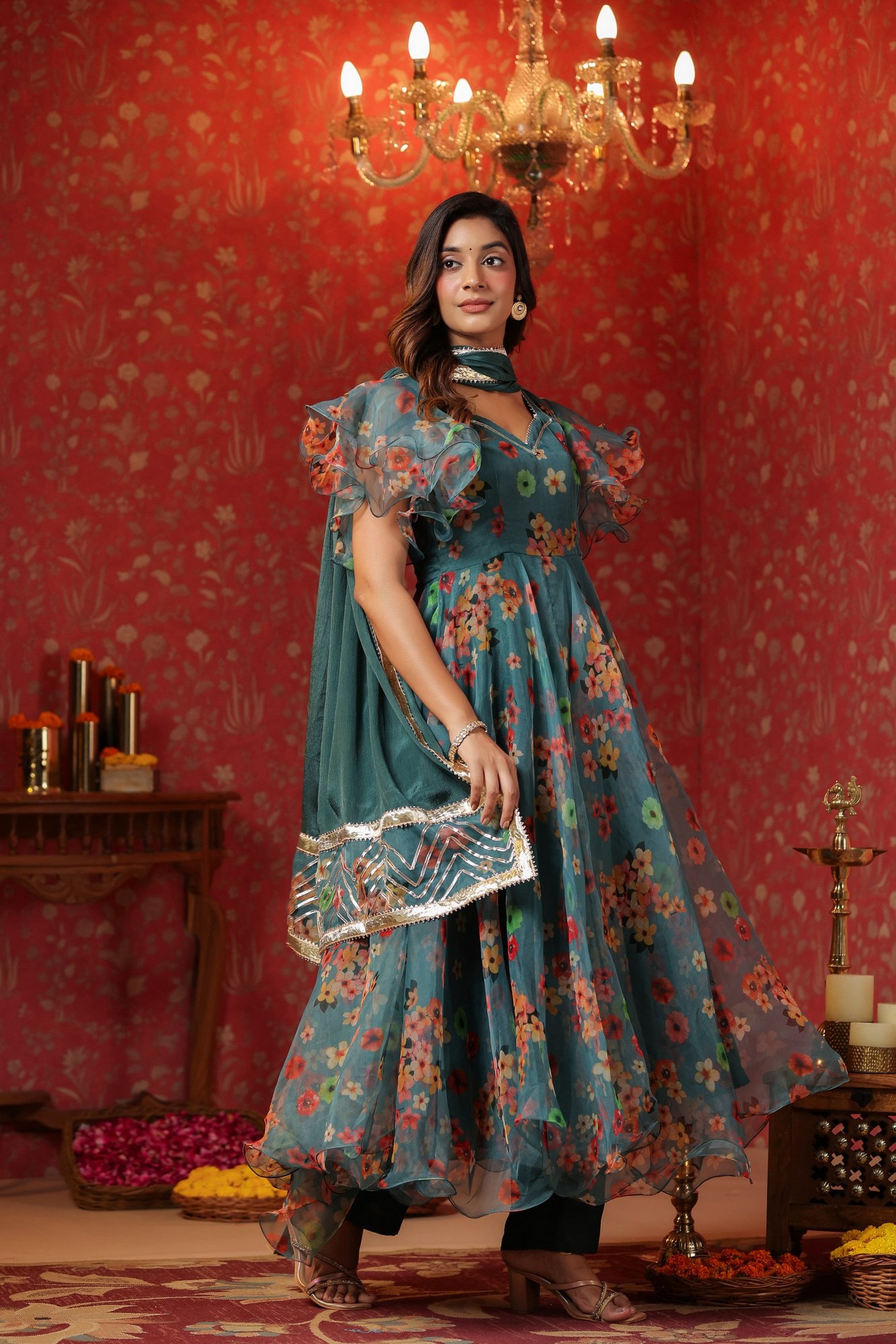 Teal Green Organza Anarkali Suit Set With Ruffle Sleeve Set Of 3