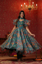 Teal Green Organza Anarkali Suit Set With Ruffle Sleeve Set Of 3