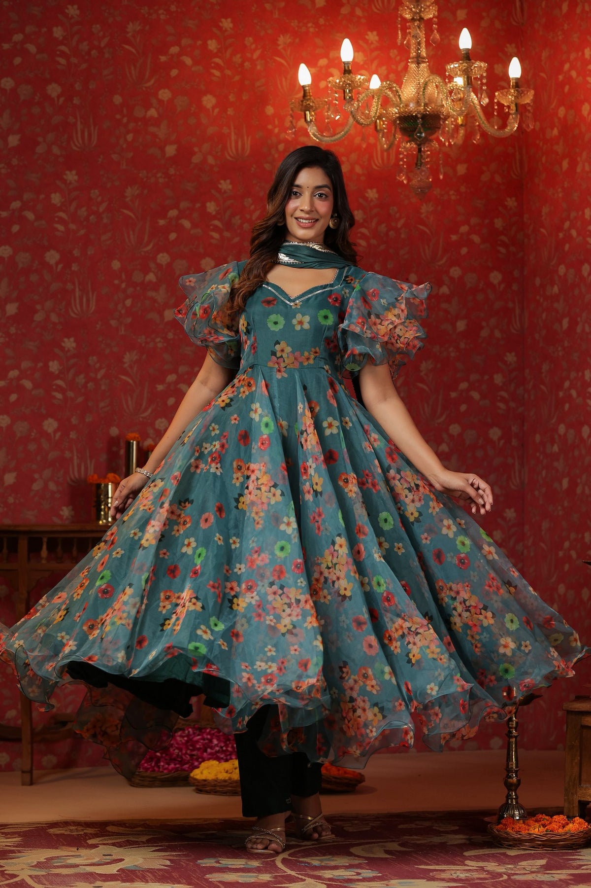 Teal Green Organza Anarkali Suit Set With Ruffle Sleeve Set Of 3