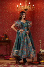 Teal Green Organza Anarkali Suit Set With Ruffle Sleeve Set Of 3