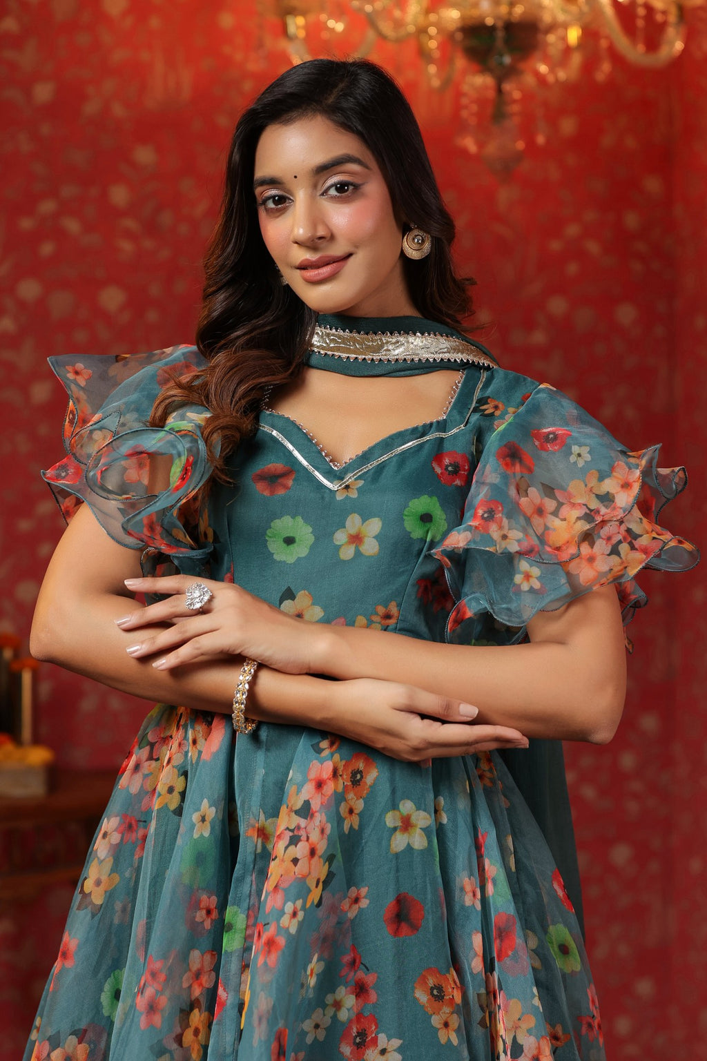 Teal Green Organza Anarkali Suit Set With Ruffle Sleeve Set Of 3