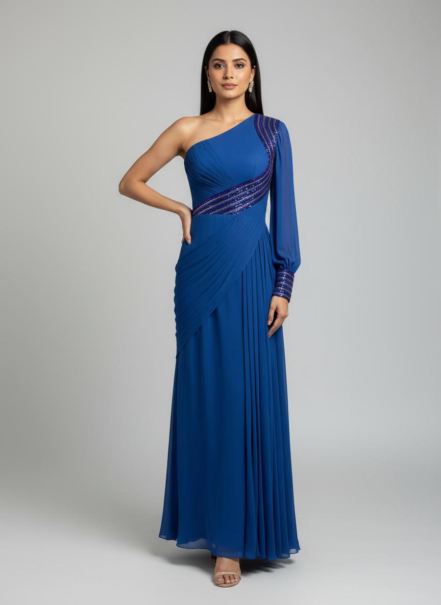 Royal Blue Embellished One Sleeve Gown with Drape Detail