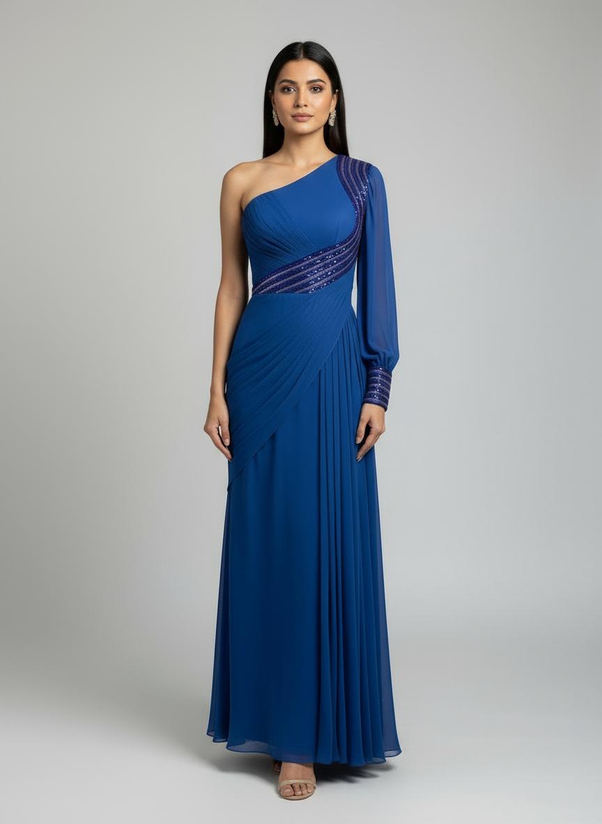 Royal Blue Embellished One Sleeve Gown with Drape Detail