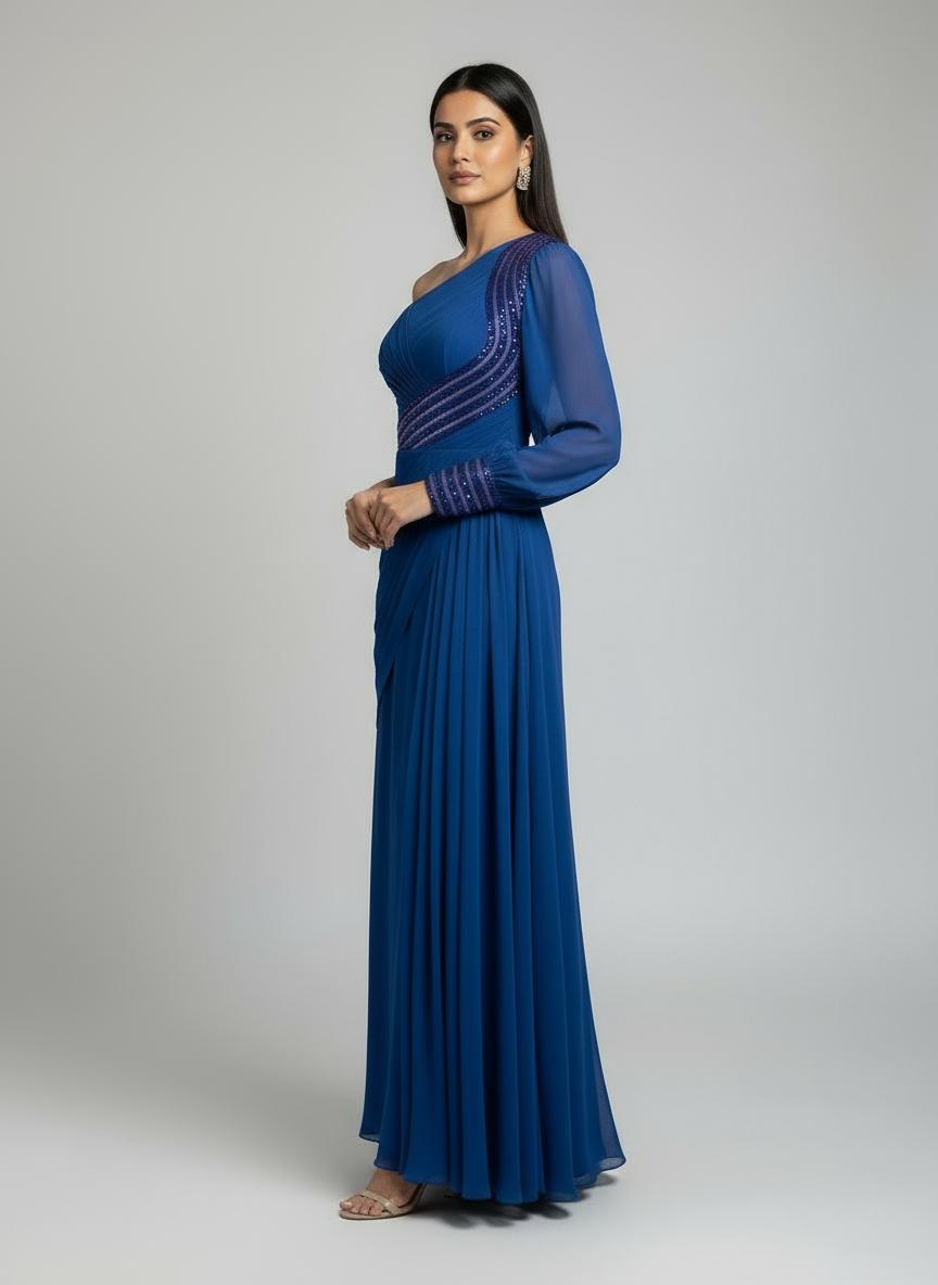 Royal Blue Embellished One Sleeve Gown with Drape Detail