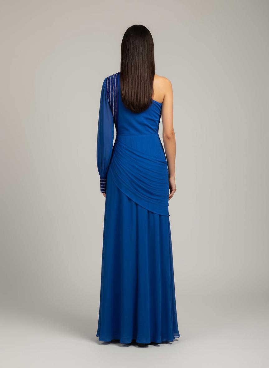 Royal Blue Embellished One Sleeve Gown with Drape Detail