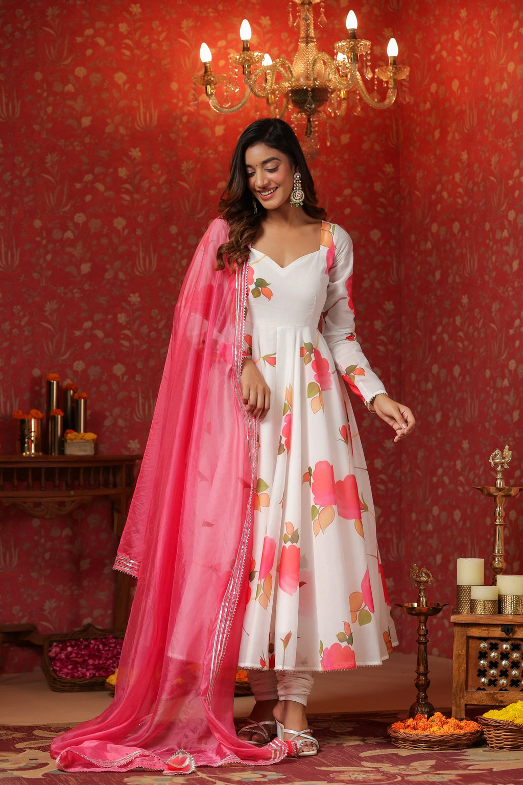 White Chanderi Anarkali Suit Set Of 3
