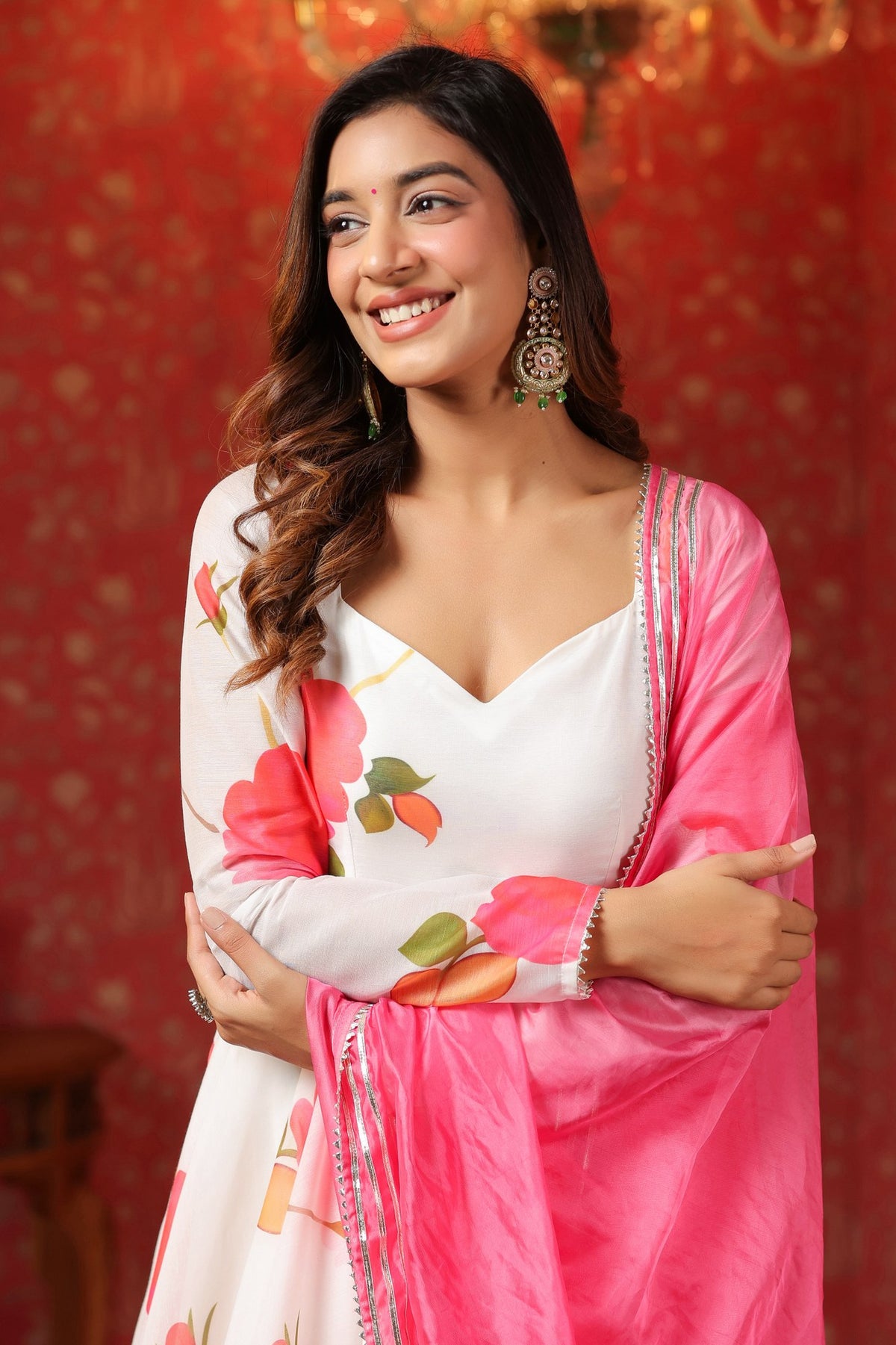 White Chanderi Anarkali Suit Set Of 3