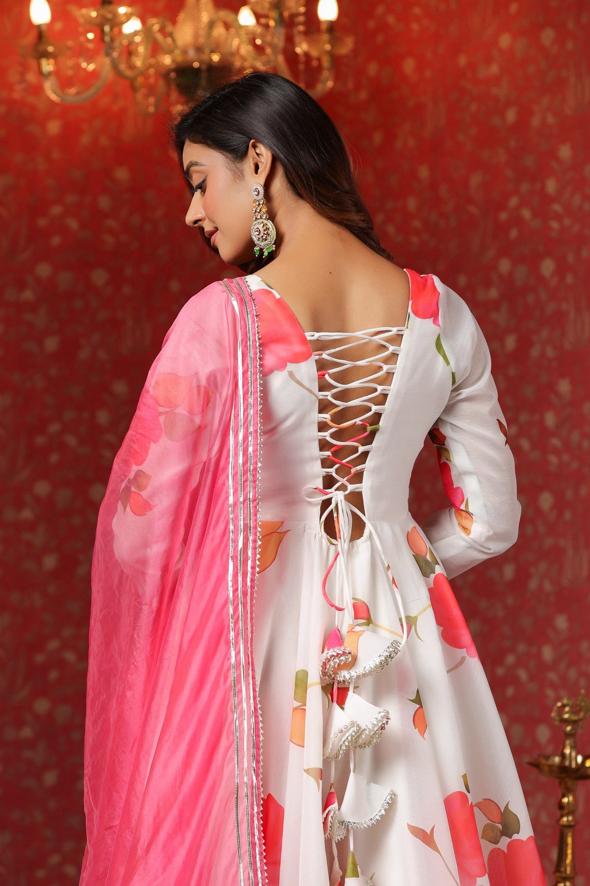 White Chanderi Anarkali Suit Set Of 3