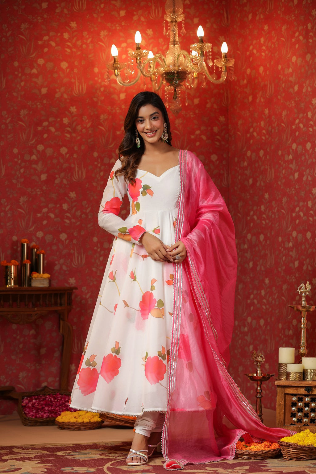 White Chanderi Anarkali Suit Set Of 3