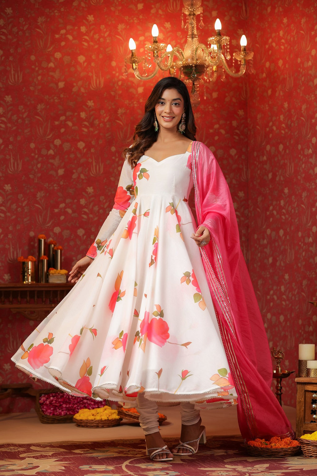 White Chanderi Anarkali Suit Set Of 3