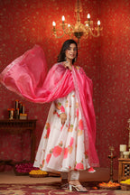 White Chanderi Anarkali Suit Set Of 3