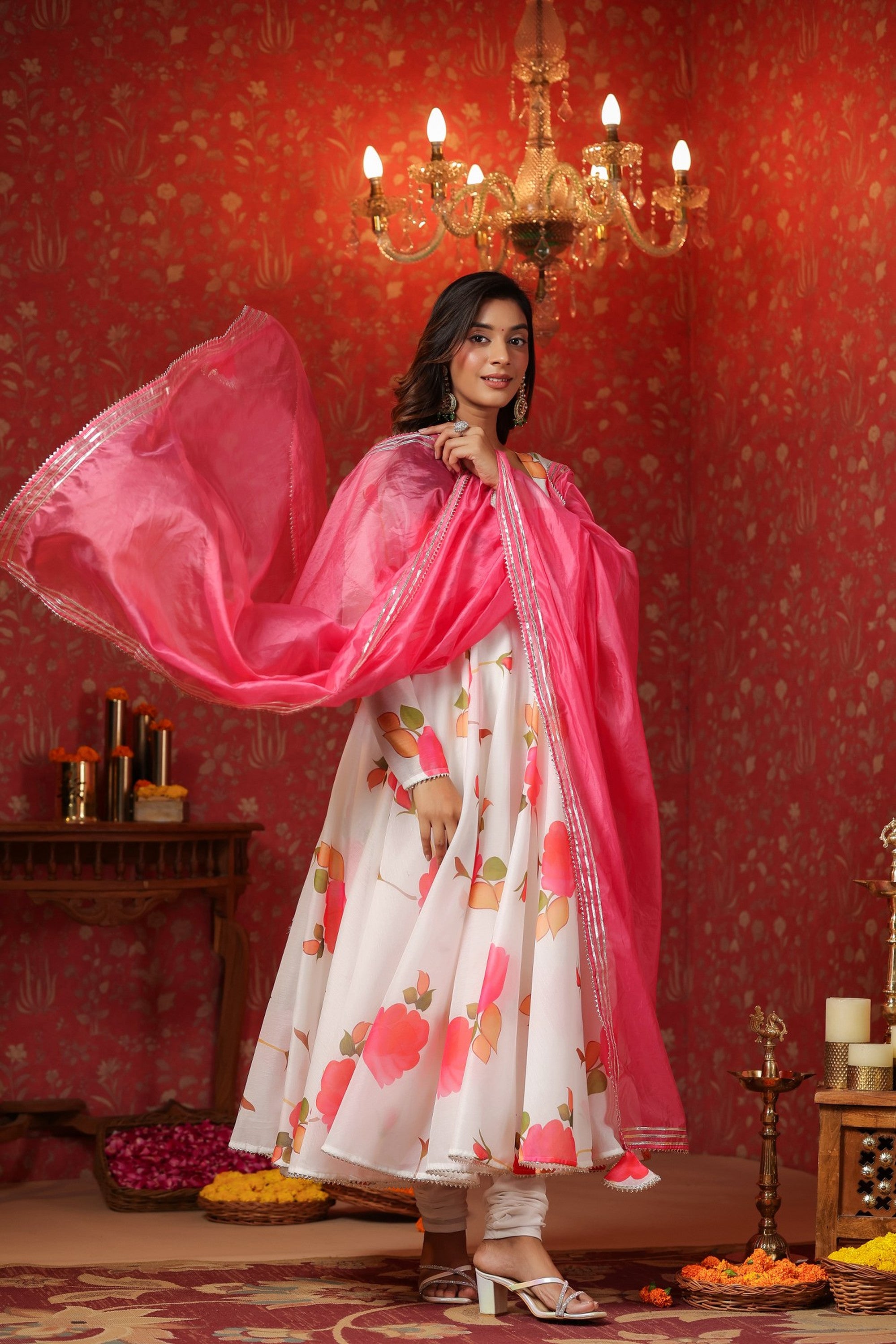White Chanderi Anarkali Suit Set Of 3