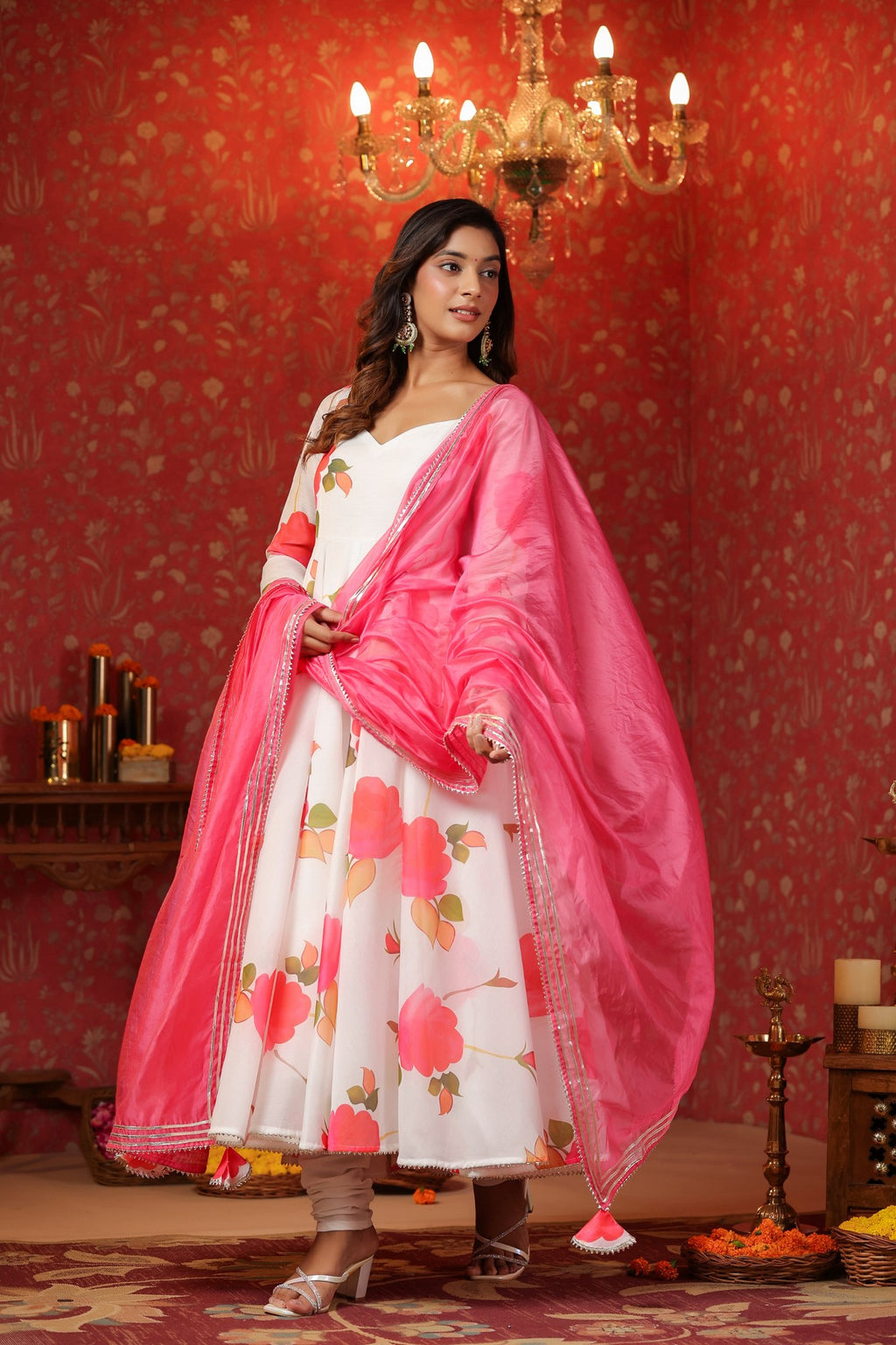 White Chanderi Anarkali Suit Set Of 3