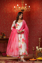 White Chanderi Anarkali Suit Set Of 3